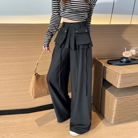 FA55251# 美式辣妹假两件阔腿裤女新款设计感褶皱屁帘显瘦直筒裤 服裝批發女裝批發服飾貨源