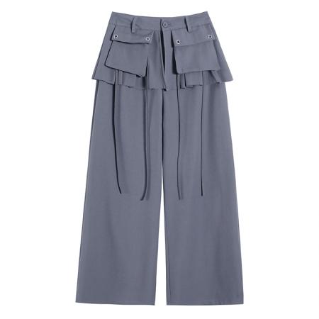 FA55251# 美式辣妹假两件阔腿裤女新款设计感褶皱屁帘显瘦直筒裤 服裝批發女裝批發服飾貨源