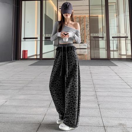 FA55253# 蕾丝拼接豹纹阔腿裤春季新款宽松显瘦百搭慵懒风休闲裤女 服裝批發女裝批發服飾貨源