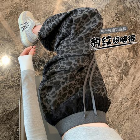 FA55253# 蕾丝拼接豹纹阔腿裤春季新款宽松显瘦百搭慵懒风休闲裤女 服裝批發女裝批發服飾貨源