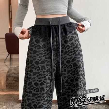 FA55253# 蕾丝拼接豹纹阔腿裤春季新款宽松显瘦百搭慵懒风休闲裤女 服裝批發女裝批發服飾貨源
