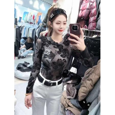 FA55254# 欧货植绒长袖t恤女新款小个子短款高级小众不撞款上衣服 服裝批發女裝批發服飾貨源