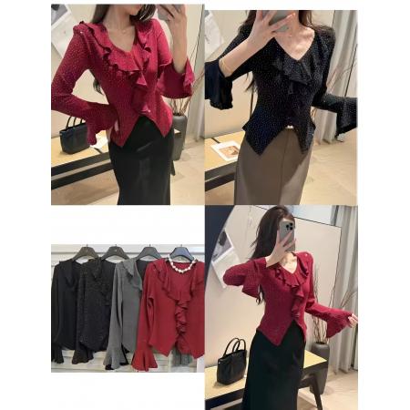 FA55255# 红色v领荷叶边拼接内搭打底T恤女早春新款本命年修身显瘦上衣 服裝批發女裝批發服飾貨源