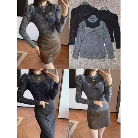 FA55256# 欧货t恤女长袖网纱高端打底衫新款拼接上衣春装镂空打底衫 服裝批發女裝批發服飾貨源