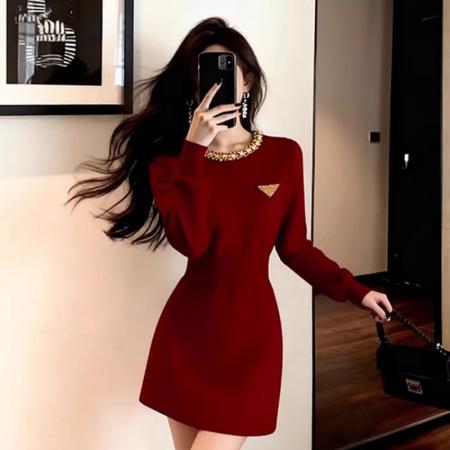 新年穿搭暗红色小香风特别漂亮掐腰连衣裙女早春新款小个子 服裝批發女裝批發服飾貨源