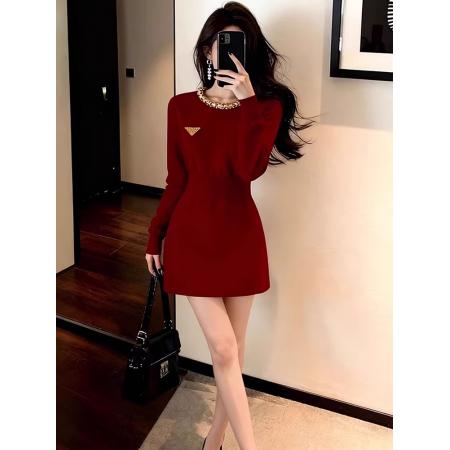 FA55257# 新年穿搭暗红色小香风特别漂亮掐腰连衣裙女早春新款小个子 服裝批發女裝批發服飾貨源