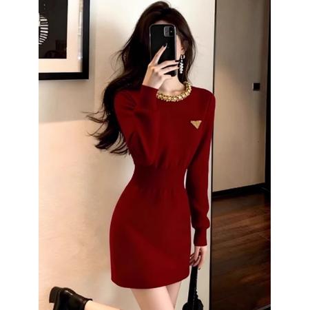 FA55257# 新年穿搭暗红色小香风特别漂亮掐腰连衣裙女早春新款小个子 服裝批發女裝批發服飾貨源