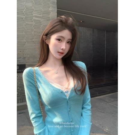 FA55259# 白水女舒适出门组V领毛针织开衫女冬花边吊带温柔气质上衣 服裝批發女裝批發服飾貨源