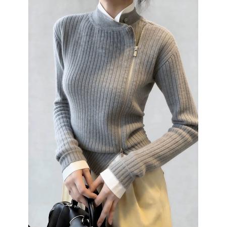 FA55260# 气质灰色设计感斜开襟假两件毛衣女冬季小众不撞款通勤针织衫上衣 服裝批發女裝批發服飾貨源