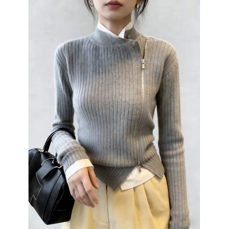 FA55260# 气质灰色设计感斜开襟假两件毛衣女冬季小众不撞款通勤针织衫上衣 服裝批發女裝批發服飾貨源