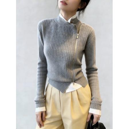 FA55260# 气质灰色设计感斜开襟假两件毛衣女冬季小众不撞款通勤针织衫上衣 服裝批發女裝批發服飾貨源