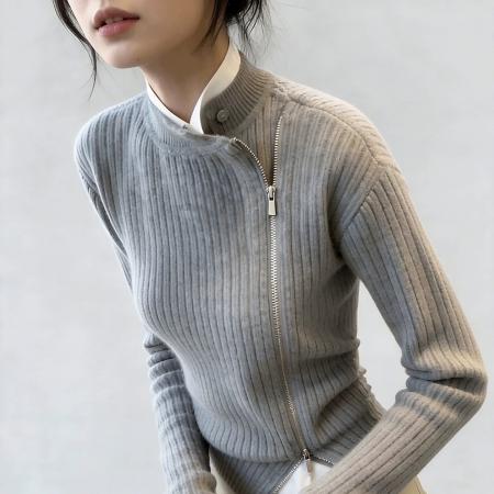 FA55260# 气质灰色设计感斜开襟假两件毛衣女冬季小众不撞款通勤针织衫上衣 服裝批發女裝批發服飾貨源