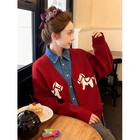 FA55261# 红色V领外搭双木马提花软糯针织开衫女秋冬季本命年马年上衣 服裝批發女裝批發服飾貨源