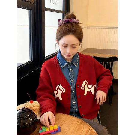 FA55261# 红色V领外搭双木马提花软糯针织开衫女秋冬季本命年马年上衣 服裝批發女裝批發服飾貨源