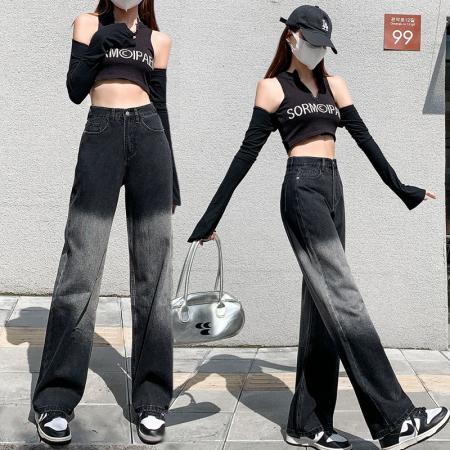 FA55262# 高街渐变水洗牛仔裤女春秋小众设计感遮胯显瘦个性拖地阔腿牛仔裤 服裝批發女裝批發服飾貨源