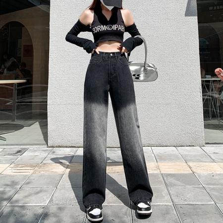 FA55262# 高街渐变水洗牛仔裤女春秋小众设计感遮胯显瘦个性拖地阔腿牛仔裤 服裝批發女裝批發服飾貨源