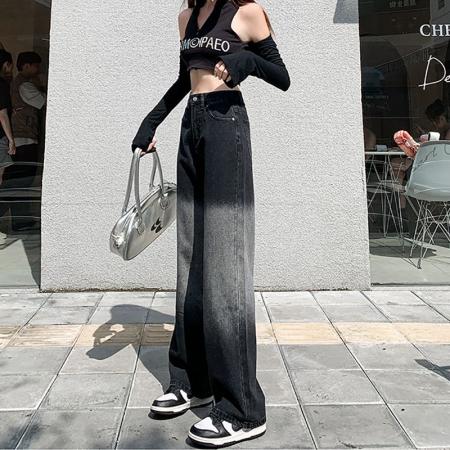 FA55262# 高街渐变水洗牛仔裤女春秋小众设计感遮胯显瘦个性拖地阔腿牛仔裤 服裝批發女裝批發服飾貨源