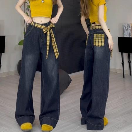 FA55263# 美式复古蓝灰色格子拼接阔腿牛仔裤女春装新款高腰宽松直筒裤 服裝批發女裝批發服飾貨源