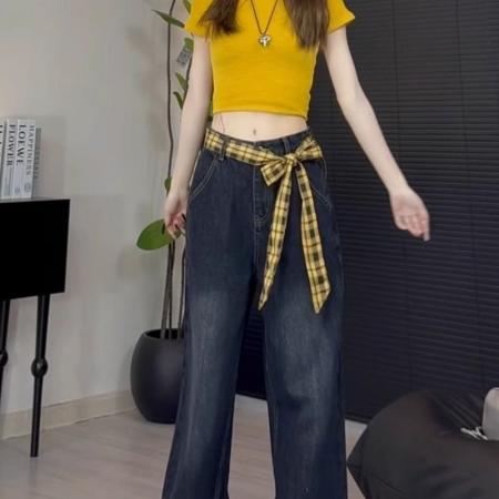 FA55263# 美式复古蓝灰色格子拼接阔腿牛仔裤女春装新款高腰宽松直筒裤 服裝批發女裝批發服飾貨源