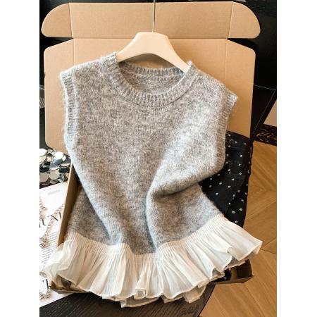 FA55264# 荷叶边拼接圆领针织马甲背心女早春小个子软糯毛衣叠穿无袖上衣 服裝批發女裝批發服飾貨源