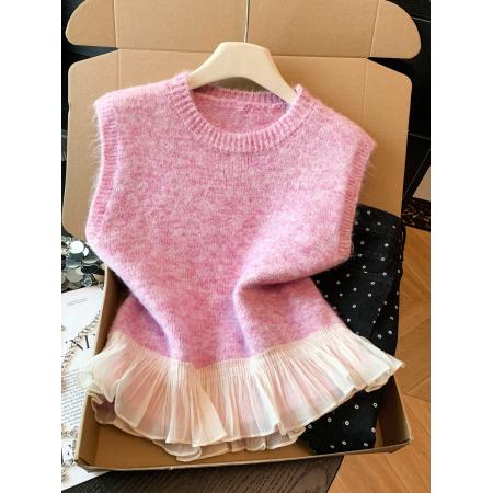 FA55264# 荷叶边拼接圆领针织马甲背心女早春小个子软糯毛衣叠穿无袖上衣 服裝批發女裝批發服飾貨源