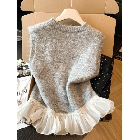 FA55264# 荷叶边拼接圆领针织马甲背心女早春小个子软糯毛衣叠穿无袖上衣 服裝批發女裝批發服飾貨源