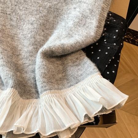 FA55264# 荷叶边拼接圆领针织马甲背心女早春小个子软糯毛衣叠穿无袖上衣 服裝批發女裝批發服飾貨源