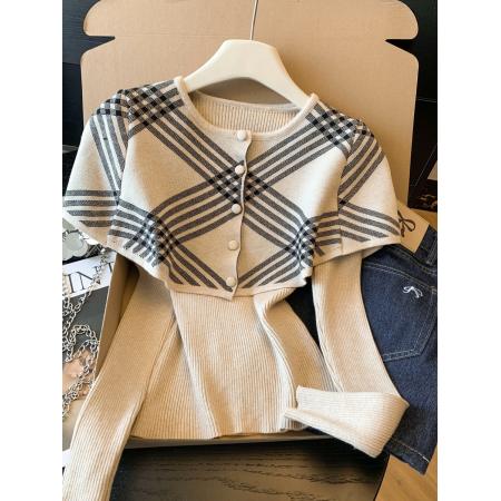 FA55266# 韩版新年套装秋冬季新款格纹斗篷+内搭毛衣针织衫两件套 服裝批發女裝批發服飾貨源