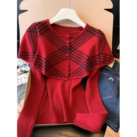 FA55266# 韩版新年套装秋冬季新款格纹斗篷+内搭毛衣针织衫两件套 服裝批發女裝批發服飾貨源