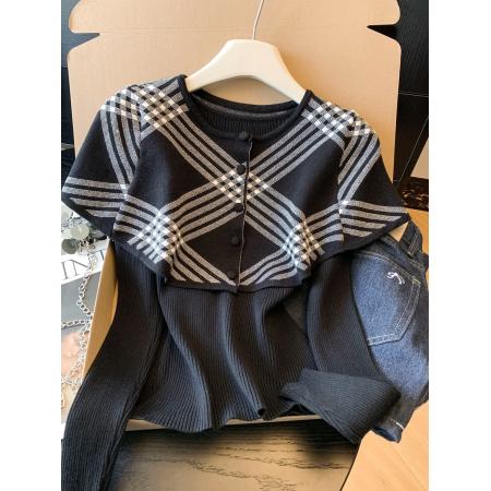 FA55266# 韩版新年套装秋冬季新款格纹斗篷+内搭毛衣针织衫两件套 服裝批發女裝批發服飾貨源