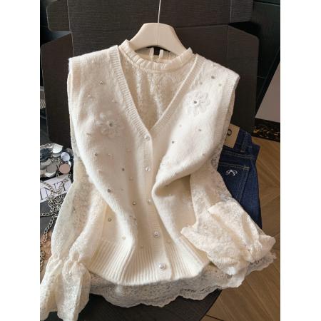 FA55267# 早春设计感甜美针织毛衣马甲背心蕾丝内搭打底衫上衣两件套女 服裝批發女裝批發服飾貨源