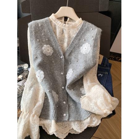 FA55267# 早春设计感甜美针织毛衣马甲背心蕾丝内搭打底衫上衣两件套女 服裝批發女裝批發服飾貨源