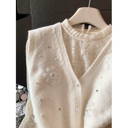 FA55267# 早春设计感甜美针织毛衣马甲背心蕾丝内搭打底衫上衣两件套女 服裝批發女裝批發服飾貨源