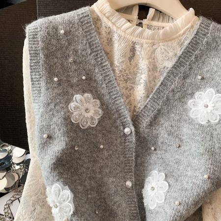 FA55267# 早春设计感甜美针织毛衣马甲背心蕾丝内搭打底衫上衣两件套女 服裝批發女裝批發服飾貨源