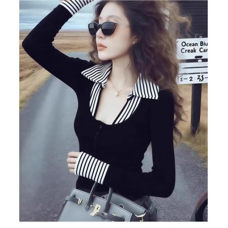 FA55268# 条纹假两件针织衫毛衣女款新款冬季打底衣内搭高级感翻领上衣 服裝批發女裝批發服飾貨源