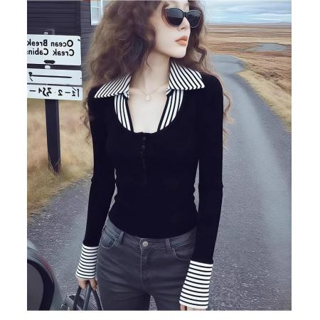 FA55268# 条纹假两件针织衫毛衣女款新款冬季打底衣内搭高级感翻领上衣 服裝批發女裝批發服飾貨源