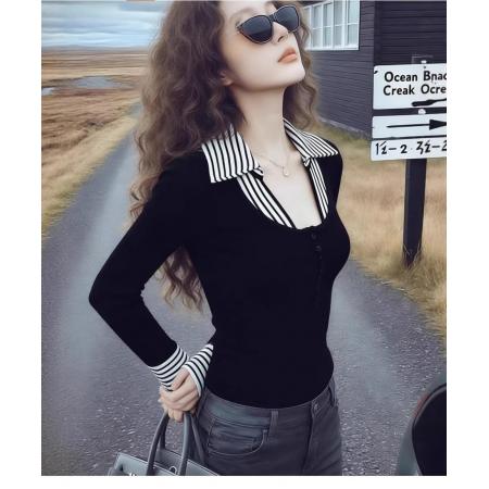 FA55268# 条纹假两件针织衫毛衣女款新款冬季打底衣内搭高级感翻领上衣 服裝批發女裝批發服飾貨源