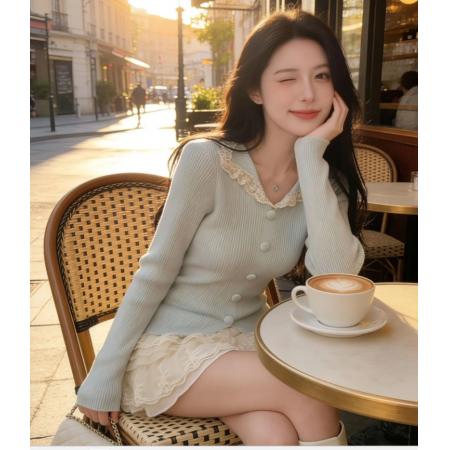 FA55269# 温柔减龄精致感韩系穿搭蕾丝花边针织上衣新款日常打底衫女 服裝批發女裝批發服飾貨源