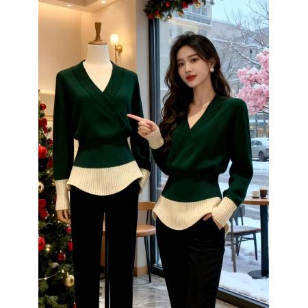 FA55270# 法式复古风撞色V领长袖针织衫女冬季新款高级感收腰显瘦套头上衣 服裝批發女裝批發服飾貨源
