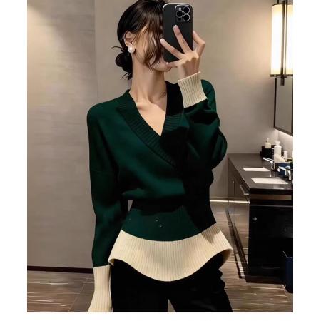 FA55270# 法式复古风撞色V领长袖针织衫女冬季新款高级感收腰显瘦套头上衣 服裝批發女裝批發服飾貨源