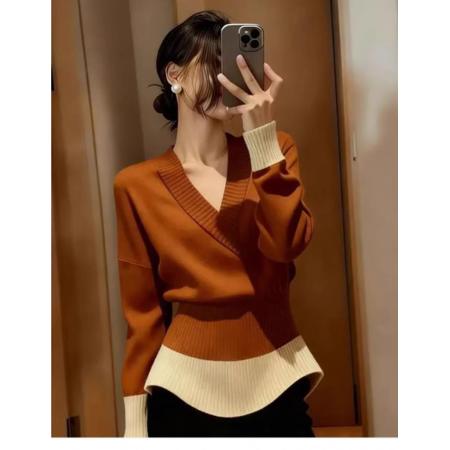 FA55270# 法式复古风撞色V领长袖针织衫女冬季新款高级感收腰显瘦套头上衣 服裝批發女裝批發服飾貨源