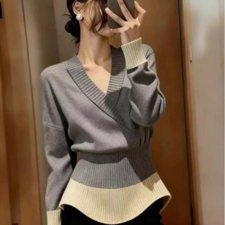 FA55270# 法式复古风撞色V领长袖针织衫女冬季新款高级感收腰显瘦套头上衣 服裝批發女裝批發服飾貨源