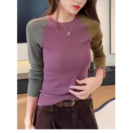 FA55271# 圆领撞色打底衫时尚通勤独特上衣早秋休闲针织衫减龄长袖舒适 服裝批發女裝批發服飾貨源