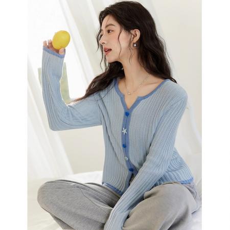 FA55272# 蓝色针织开衫女秋装新款薄款撞色扣子修身打底上衣 服裝批發女裝批發服飾貨源