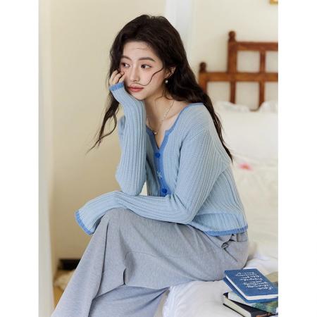 FA55272# 蓝色针织开衫女秋装新款薄款撞色扣子修身打底上衣 服裝批發女裝批發服飾貨源