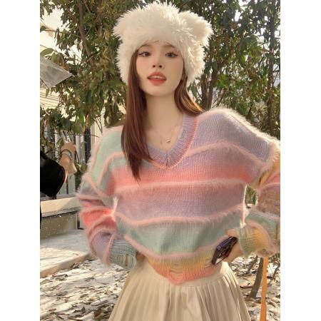 FA55275# 秋冬新款渐变色彩虹条纹V领显瘦毛衣女 服裝批發女裝批發服飾貨源