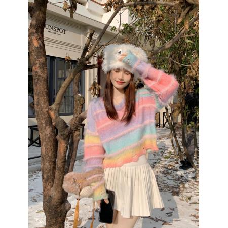 FA55275# 秋冬新款渐变色彩虹条纹V领显瘦毛衣女 服裝批發女裝批發服飾貨源