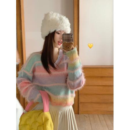 FA55275# 秋冬新款渐变色彩虹条纹V领显瘦毛衣女 服裝批發女裝批發服飾貨源