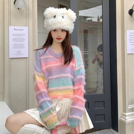 FA55275# 秋冬新款渐变色彩虹条纹V领显瘦毛衣女 服裝批發女裝批發服飾貨源