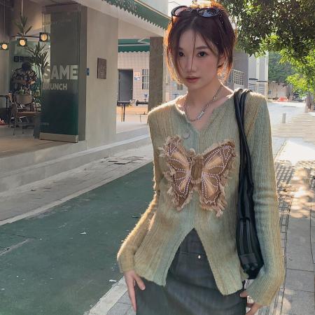 FA55276# 春秋设计感立体蝴蝶渐变开叉撞色设计感针织衫长袖上衣 服裝批發女裝批發服飾貨源